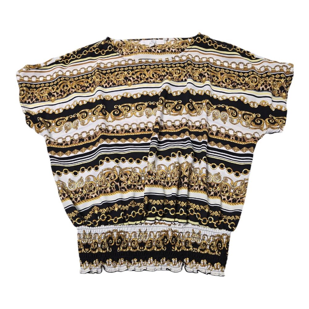 M by Marled Women's blouse with elastic band. Size Medium. White, black, gold